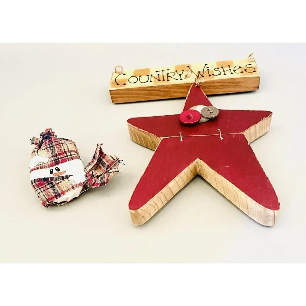 Primitive Wooden Star Country Wishes Wall Decor 9” & Fabric Snowman Pin Handmade